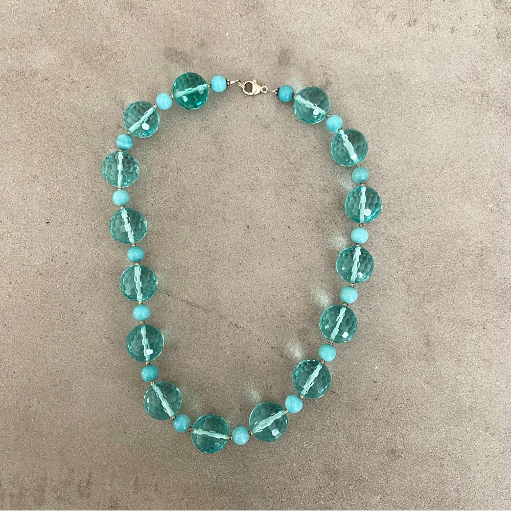 Vintage Chunky Glass and Stone Teal Necklace with Sterling Silver Clasp